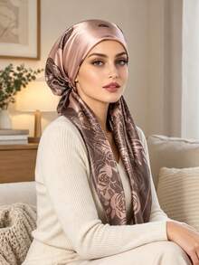 1PC Women's Fashion Rose Print Instant Hijab, Elegant High Elastic Convenient Sleep Cap, Home Hair Care Cap, Work Outfit Hair Cap, Wearable All Seasons - Pink - View 2