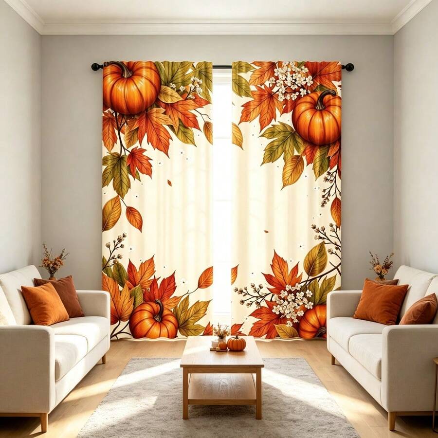 2pcs Autumn Pumpkin Maple Leaf Curtains, 2D Flat Print With Pumpkin, Maple Leaf And Wild Flower Pattern, Light Filtering, Rod Pocket Design, Farmhouse Window Curtains For Living Room, Bedroom Fall Thanksgiving Decor - Multicolor - View 1