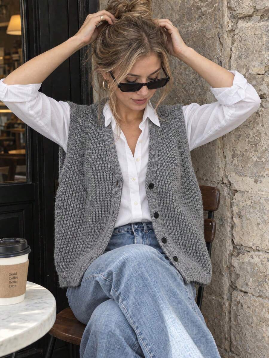 Rompi Sweater Wanita Abu-abu Gaya Preppy Musim Gugur/Musim Dingin, Atasan Rajut Bergaris Kasual Leher V dengan Kancing Depan untuk Kampus, Pakaian Sehari-hari & Acara Akhir Pekan - Grey - View 1
