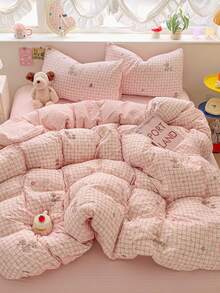 Set Sprei 4 Potong Motif Kelinci Lucu Kotak-kotak Merah Muda, Sprei Kamar Tidur Lembut dan Nyaman Termasuk 1 Sarung Selimut, 1 Sprei, 2 Sarung Bantal, Tanpa Isian, Cocok untuk Kamar Tidur, Asrama, Penggunaan di Rumah, Tersedia Berbagai Ukuran - Baby Pink - View 2