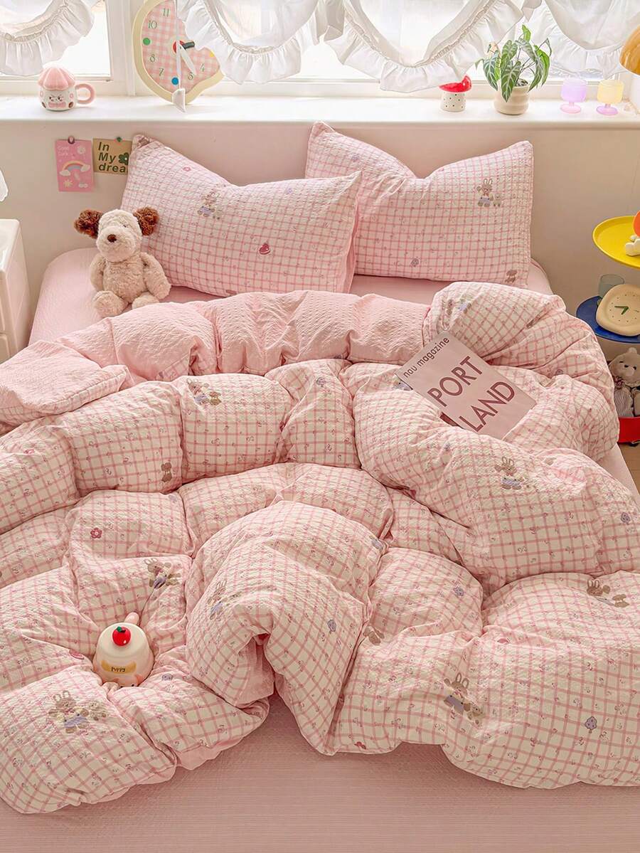 Set Sprei 4 Potong Motif Kelinci Lucu Kotak-kotak Merah Muda, Sprei Kamar Tidur Lembut dan Nyaman Termasuk 1 Sarung Selimut, 1 Sprei, 2 Sarung Bantal, Tanpa Isian, Cocok untuk Kamar Tidur, Asrama, Penggunaan di Rumah, Tersedia Berbagai Ukuran