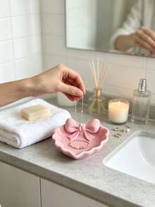 1pc Ceramic Ocean Style Heart-Shaped Jewelry Storage Tray, Printed Design With Pink Bow, Suitable For Placing On Vanity, Sink Side To Store Jewelry, Home Decor, Office Desk Jewelry Holder - Multicolor - View 10
