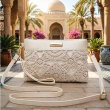 Women's Boho Crochet Floral Crossbody Bag, 2-In-1 Lightweight Faux Leather Clutch Purse With Wristlet, Zip Closure, Adjustable Strap For Summer Travel - Apricot - View 1