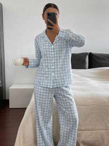 DAZY 2pcs Women Loose Comfortable Breathable Long Sleeve Top And Long Pants Pajama Set, Cute Home Wear, For Her - Blue - View 4