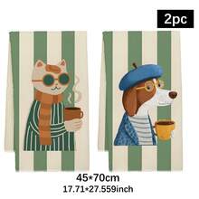 2PCS Kitchen Towels With Cat & Dog Drinking Coffee Green Striped Background Pattern Print 40*60cm Country Style Rectangular Microfiber Kitchen Towels, Dish Cloths, Tablecloths, Hand Towels, Kitchen Decor, Neighbor Housewarming Gift, Perfect For Kitchen And Bathroom Use, Suitable For Housewives And Family Gatherings Gift, High Cost-Performance, Home Essential - Green - View 13