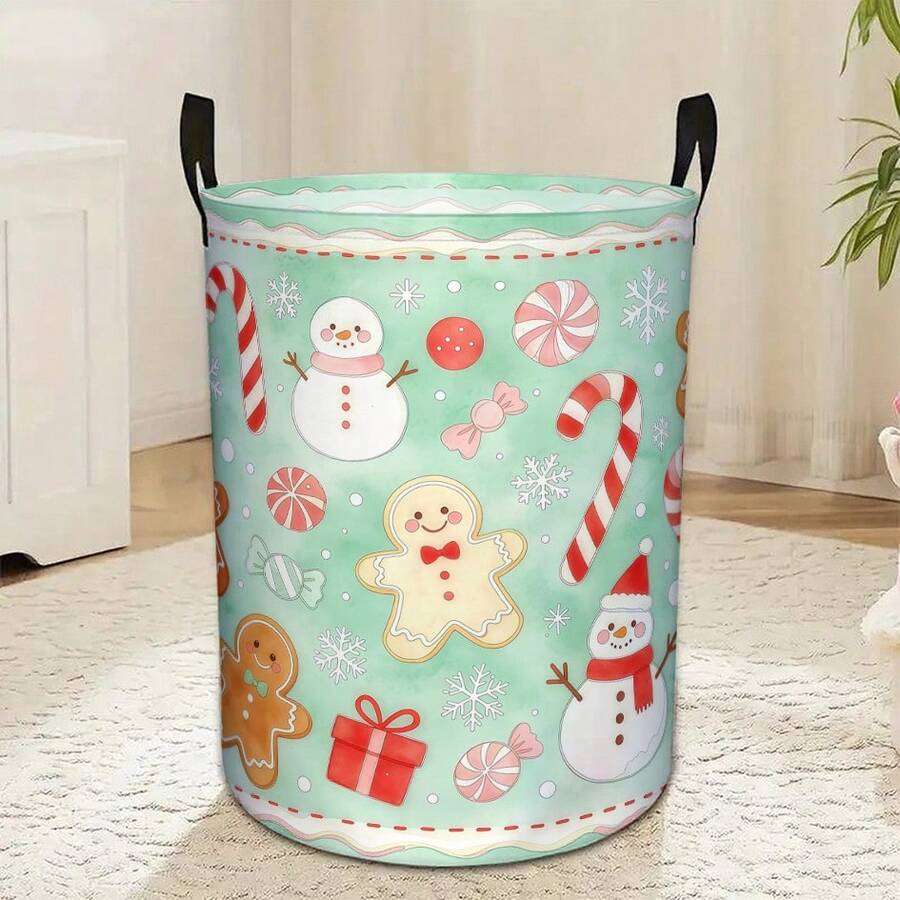 1PC Mint Green Gingerbread Man & Snowman Print Storage Bucket With Handles, Large Capacity Fabric Storage Basket - Mint Green - View 1
