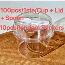 100pcs/50pcsClear PET Plastic Dessert Cups With Lid & Attached Spoon, Disposable Transparent Pudding Yogurt Container, Overnight Oats Fruit Salad Bowl For Bakery, Party & Homemade Dessert.Random Stickers - Transparent - View 9