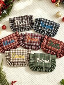 Custom Plaid Ruffle Makeup Bag, Custom Handmade Embroidered Name Storage Bag, Holiday Travel Makeup Bag, Personalized Christmas Gift For Her - Multicolor - View 3