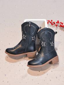 Kids Western Style Mid-Calf Boots With Star Embroidery, Perfect For Stage Shows, Party Gatherings And Weekend Trips - Black - View 8