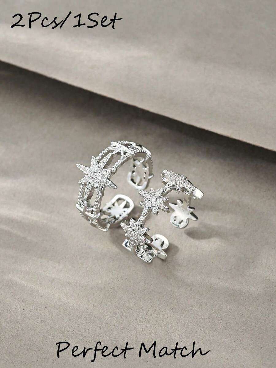 2pcs Silver Ring, Multi-Layer Linked Ring, Elegant Luxurious Ring, Suitable For Daily Wear, Dates, Parties And Gifts - Silver - View 1