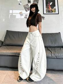 1pc Japanese Street Style Women's Patchwork Button Curved Leg Loose Wide Leg Comfortable All Season Denim Jeans Long Pants (This Product Does Not Include Belt/Accessories) - White - View 10