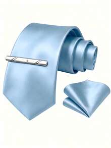 1 Set Men's 8cm Satin Tie, Pocket Square And Tie Clip Set, Suitable For Business Meetings, Wedding Party Groom Tie Set - Baby Blue - View 2