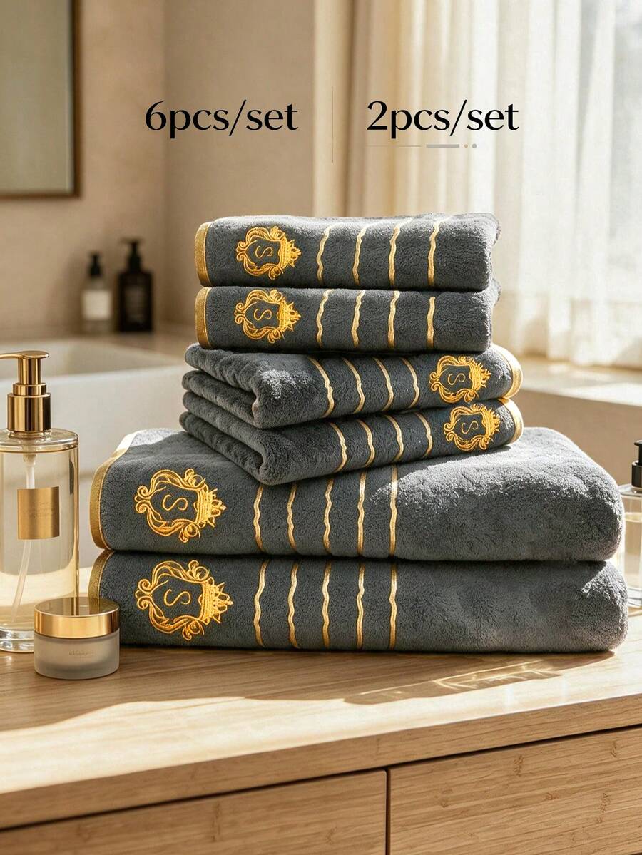 2/6pcs|Gold Embroidered Towel Set - Microfiber - Soft & Comfortable - Absorbent - Suitable For Bathroom, Home Decor, Travel, Beauty Salon, Gift