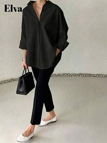 VELLA Women's Autumn Elegant Loose 3/4 Sleeve Rolled-Up Cuff Plus Size Blouse, Commuting, Back To School, Outing, Casual - Black - View 2