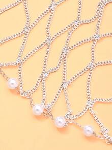 STONEFANS 1pc Vintage Metal Mesh Pearl Headpiece With Draping Small Pearls And Tulle Forehead Ornament, Evening Party Atmosphere Hair Chain - Silver - View 3