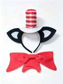 1Set/1pc Red White Striped Tall Hat With Cat Ears Headband + Oversized Red Bow Tie For Adults Kids Pets Halloween Birthday Party Cosplay Photo Props - Red and White - View 8