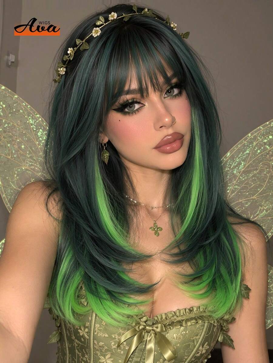 Topshe 18 Inch Medium Length Layered Straight Hair Women's Wig, Dark Green Base With Bright Green Gradient, Full Bangs, Heat-Resistant Synthetic Fiber, Suitable For Anime Cosplay, Halloween, Festival, Nightclub And Short Video Shooting