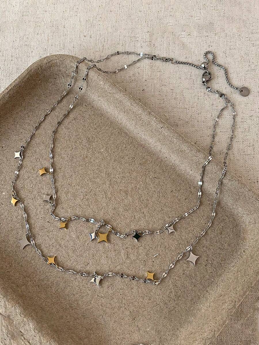 rundraw 1pc Women's Multi-Layer Necklace, Multi-Color Stainless Steel, Waterproof, Fade-Resistant, Hypoallergenic, Four-Pointed Star Minimalist Design, Suitable For Dating, Gathering, Music Festival, Party Wear - Multicolor - View 1
