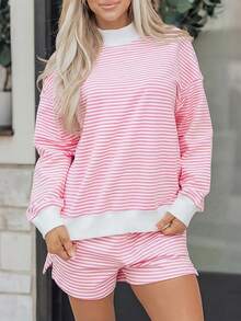 Comfortable Women's Striped Two Pieces Set Loose-Fit Pink Sweatshirt With Stand Collar And Matching Short Bottoms - Pink - View 6