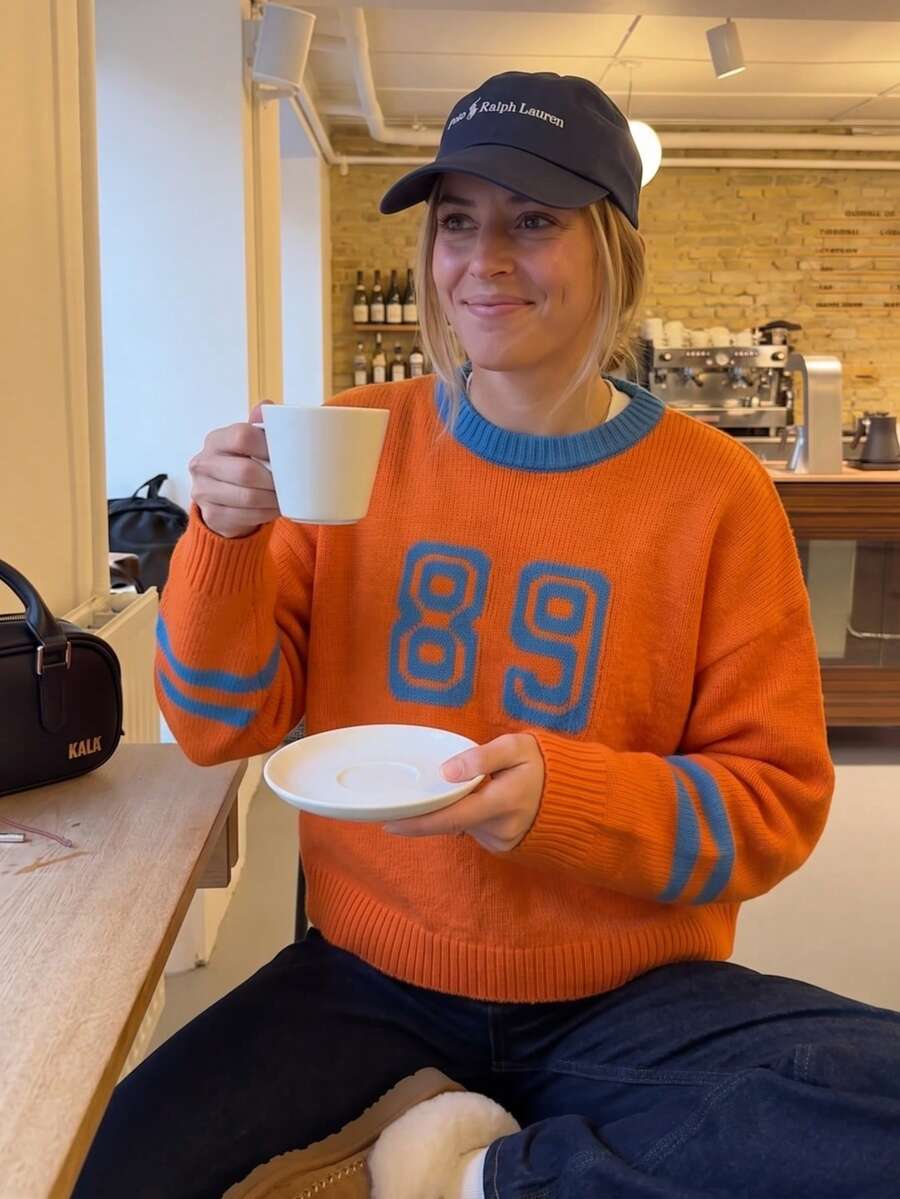 Women's Orange Colorblock 89 Number Print Crew Neck Knit Sweater, Striped Cuff Long Sleeve Autumn Casual Top