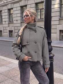 Women's Fashion Houndstooth Double-Breasted Coat, Funnel Neck Long Sleeve Design, Perfect Choice For Autumn/Winter - Coffee - View 7