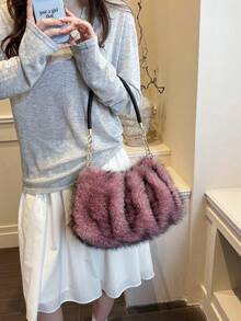 Women's Plush Pink Large Capacity Metal Chain Shoulder Bag, Autumn/Winter - Pink - View 5