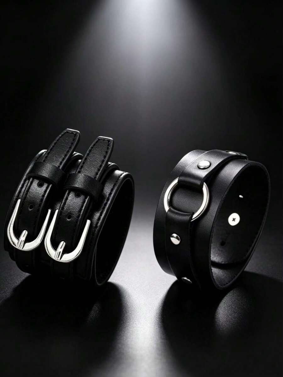 2pcs Black Motorcycle Style Fashion Punk Bracelet, Suitable For Men's Daily Riding, Outdoor Fashion Wear, Exquisite Bracelet Set Gift For Men - Black - View 1