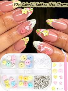 1 Set Y2K Colorful Button Nail Art Decorations, Cute 3D Star Heart Flower Winter Holiday Nail Decor, Colorful Candy Color Nail Rhinestones, Includes Storage Box And Tweezers, Suitable For Nail Art DIY - Multicolor - View 3