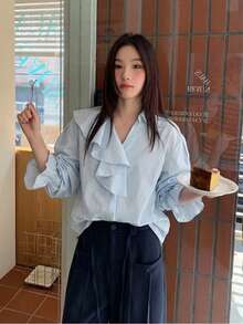 Elegant V-Neck Patchwork Ruffle Loose Fit Solid Color Bell Sleeve Blouse For Women - Baby Blue - View 2