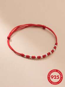 1 chiếc vòng tay dây đỏ hạt tròn bạc Sterling S925 phong cách nhẹ nhàng tươi mới hàng ngày cho nữ, dây đeo tay cá tính ngách đơn giản, thanh lịch tinh tế, nhẹ nhàng, đa năng, quà tặng cho bạn gái, bạn thân, dịp lễ - hạt tròn - Xem 2