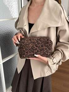 豹紋時尚多功能絎縫刺繡格紋加厚化妝包 學生鉛筆袋 菱格紋燈芯絨休閒手拿包 保暖羽絨小包 - 咖啡 - 查看 9