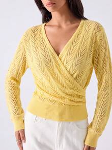 Women's Yellow Knit Short Cardigan, Medium Stretch Long Sleeve V-Neck Top, Ribbed Hem, Versatile For Daily Wear, Autumn - Yellow - View 11