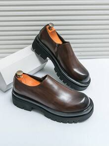 Men's Brown Round Toe Side Zipper Slip-On Loafers With Thick Sole, Formal Casual Business Daily Versatile Shoes - Brown - View 6