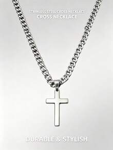 1pc New Fashion Stainless Steel Men's Adult Gift Cross Pendant Cuban Necklace, Suitable For Men's Daily Wear Jewelry Gift, Waterproof Jewelry. - Cross - View 1