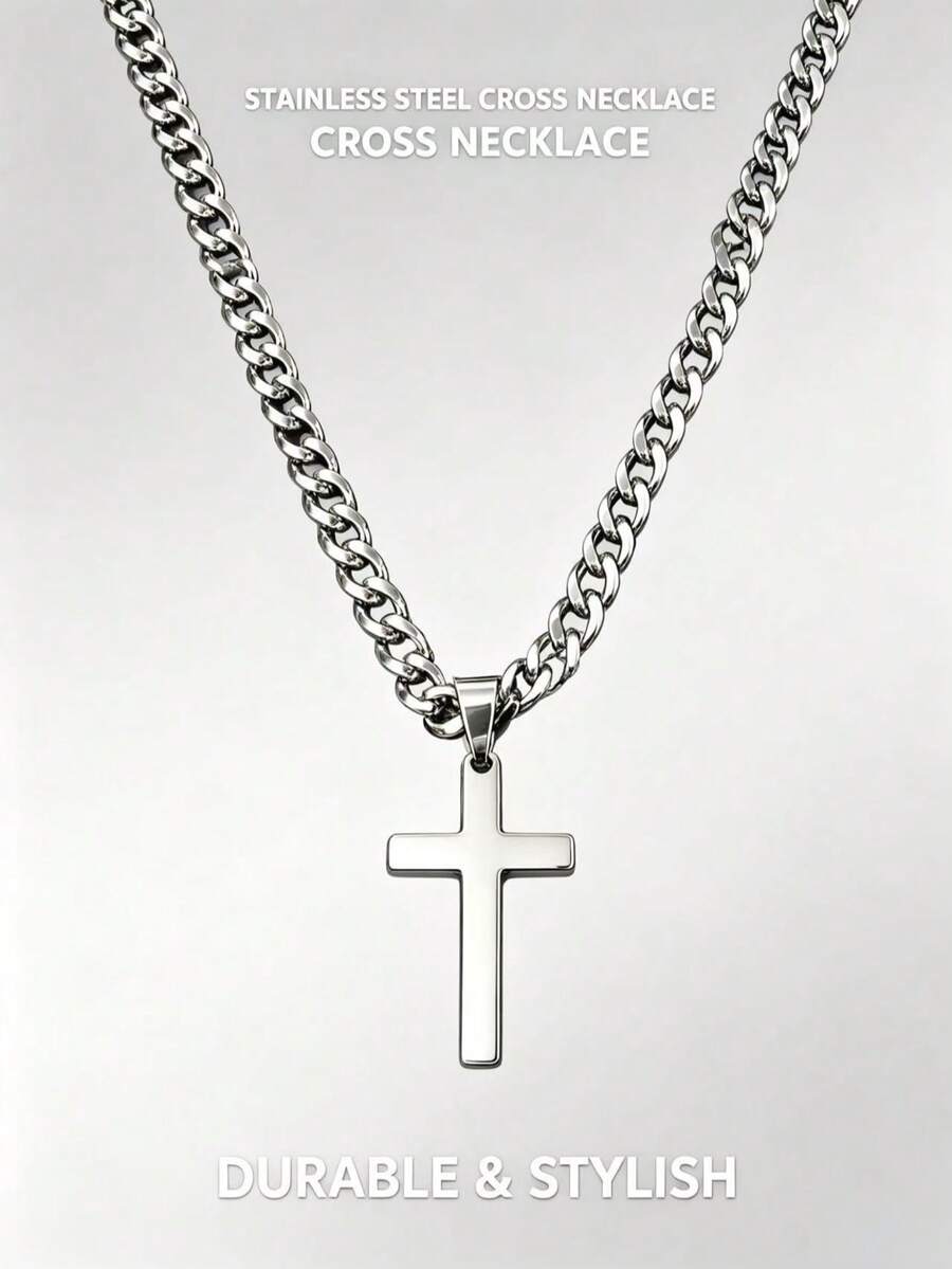 1pc New Fashion Stainless Steel Men's Adult Gift Cross Pendant Cuban Necklace, Suitable For Men's Daily Wear Jewelry Gift, Waterproof Jewelry. - Cross - View 1