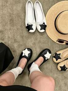 Sweet Cool Star Bow Shallow Vamp Ballet Shoes For Women, Round Toe Soft Sole, Niche Personalized Flat Shoes, Plus Size, All Season - Black - View 11