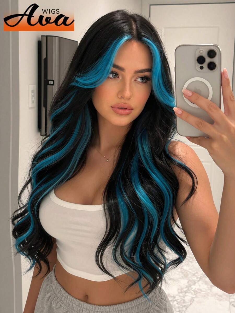 Topshe Ava WIGS 24英吋紅色挑染長波浪假髮，附簾幕瀏海，免膠水耐熱合成髮絲，無蕾絲，女款黑紅混色長波浪假髮，適合日常配戴、派對、Cosplay，多色假髮，女性完美萬聖節禮物