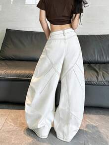 1pc Japanese Street Style Women's Patchwork Button Curved Leg Loose Wide Leg Comfortable All Season Denim Jeans Long Pants (This Product Does Not Include Belt/Accessories) - White - View 4