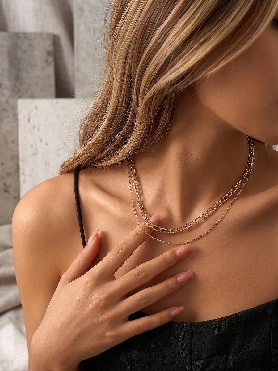 2pcs Copper Fashion Minimalist Thick & Thin Intertwined Pure Chain Necklace Set For Women, Suitable For Daily Wear - Yellow Gold - View 1
