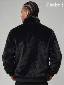 Zenbolt Men Soft Plush Long Sleeve Outer Jacket, Elastic Ribbed Trim Zip Up Stand Collar Coat,Textured Stripe Daily Fashion Overcoat - Black - View 4