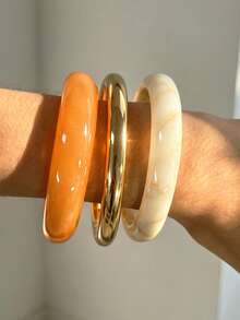 3pcs/Multi-Piece Stackable Fashion Minimalist Elegant Exquisite Vintage Design White & Orange Resin Geometric Asymmetrical Marbled Pattern CCB Metal Style Round Bangles Set, Holiday Vacation Party Date Gift, Daily Commute Wear, Personalized - Multicolor - View 4