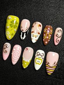 10pcs Autumn/Winter Y2K-Style Press-On Nails Featuring A Pink-And-Green Color-Block Design With Cartoon Cats, Piano Keys, And Bows; Medium Almond Shape-Ideal For Daily Wear, Outings, Or Dates. - Multicolor - View 2