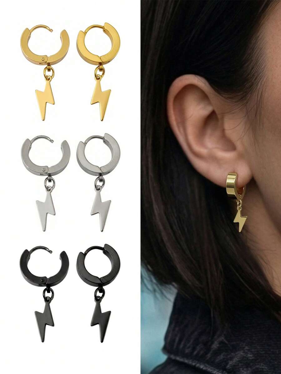 1 Pair Punk Lightning Pendant Earrings - Stainless Steel Gold Color Drop Earrings - Unisex - Drop Earrings - View 1