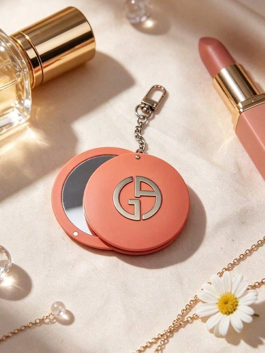 Pink Round Compact Mirror With Chain Logo Portable Pocket Hand Mirror Purse Makeup Touch‑Up Gift For Women Giorgio Armani Pink Round Pocket Compact Mirror - Coral Orange - View 1