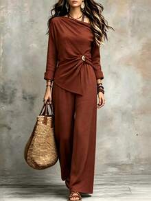 Women's Solid Color Asymmetric Neck Metal Decor Top And Pants Casual Daily Set - Brown - View 1