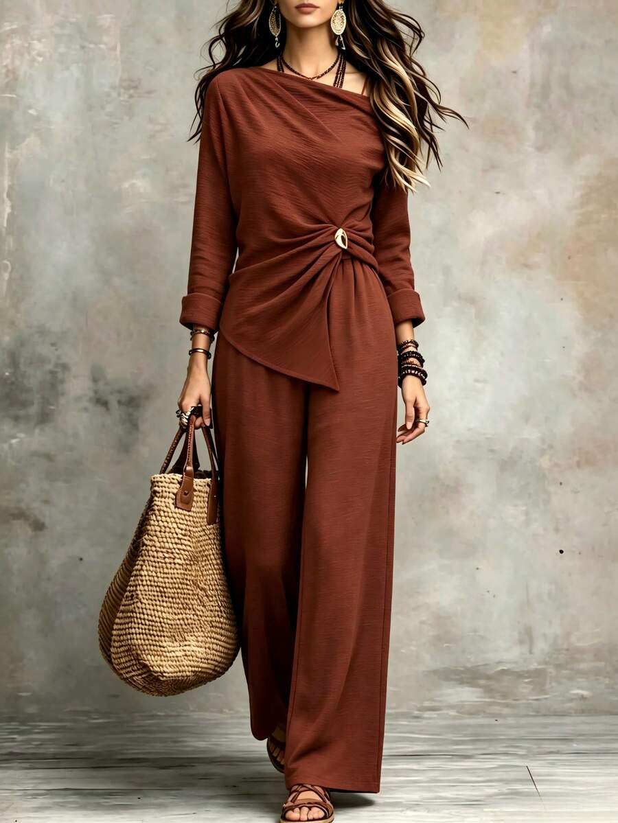 Women's Solid Color Asymmetric Neck Metal Decor Top And Pants Casual Daily Set - Brown - View 1