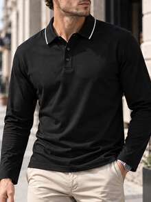 男士秋季長袖 Polo 衫，對比飾邊領口，修身版型，商務休閒高爾夫網球上衣，日常工作穿搭 - 黑色 - 查看 5