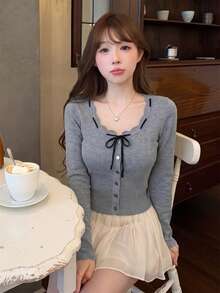 Grey Wavy Ruffle Collar Tie-Front Bow Knitted Cardigan Women's Slim Fit Ruffle Cuff Long Sleeve Top Base Layer - Grey - View 5