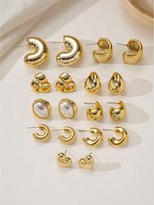 6-18pcs Gold Glossy Metallic Finish Earring Set, Geometric Multi-Style Women's Fashion Earrings, Hypoallergenic Lightweight ABS Material - Gold - View 5