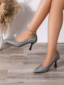 Women's Grey Leopard Print Pointed Toe Low-Cut Slip-On High Heel Pumps, Fashionable Stiletto Heels, Suitable For Party, Wedding, Office, Halloween, Daily Wear - Grey - View 1